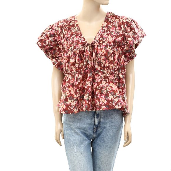 Merlette Mesa Blouse Top Cotton Ruffle Bubble Sleeve Floral Printed L - Picture 1 of 4